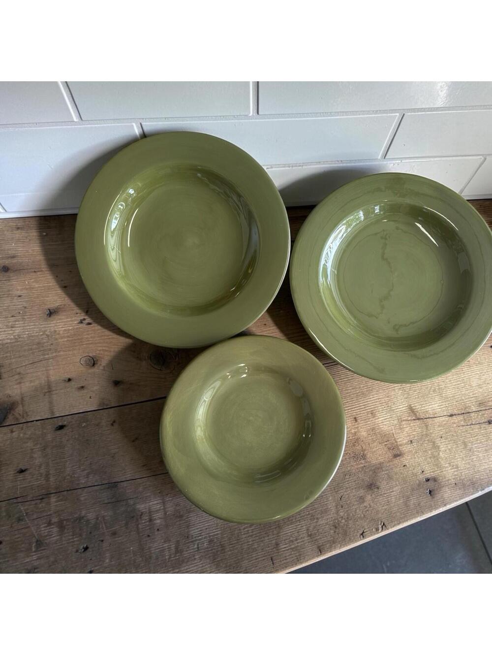 Vintage Hausenware /Plates Set 3 Pc Olive Green Ceramic 11.5”Serving Kitchen Set